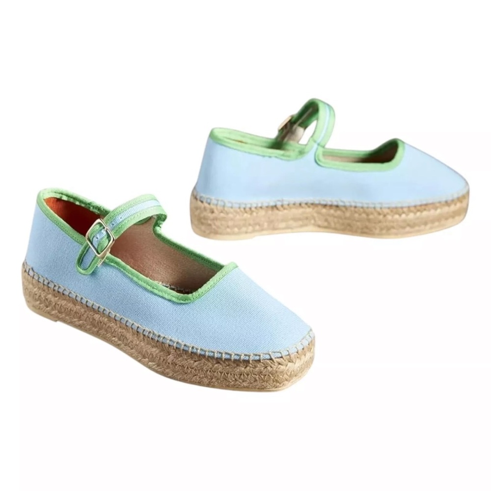 Light Blue Canvas Mary Jane Espadrille Flats with Green Trim